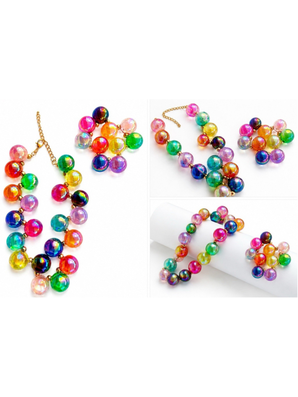 Colorful Iridescent Bubble Bead Necklace Bracelet Set Stretch Rainbow Modern - Picture 2 of 3